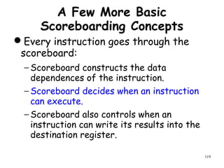 119
A Few More Basic
Scoreboarding Concepts
Every instruction goes through the
scoreboard:
− Scoreboard constructs the data
dependences of the instruction.
− Scoreboard decides when an instruction
can execute.
− Scoreboard also controls when an
instruction can write its results into the
destination register.
 