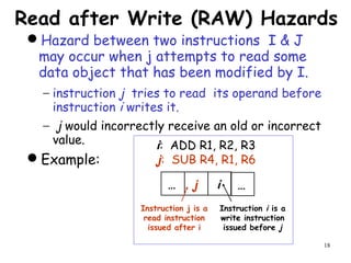 18
Read after Write (RAW) Hazards
Hazard between two instructions I & J
may occur when j attempts to read some
data object that has been modified by I.
− instruction j tries to read its operand before
instruction i writes it.
− j would incorrectly receive an old or incorrect
value.
Example:
… j i …
Instruction j is a
read instruction
issued after i
Instruction i is a
write instruction
issued before j
i: ADD R1, R2, R3
j: SUB R4, R1, R6
 