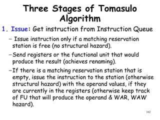 162
Three Stages of Tomasulo
Algorithm
1. Issue: Get instruction from Instruction Queue
− Issue instruction only if a matching reservation
station is free (no structural hazard).
−Send registers or the functional unit that would
produce the result (achieves renaming).
−If there is a matching reservation station that is
empty, issue the instruction to the station (otherwise
structural hazard) with the operand values, if they
are currently in the registers (otherwise keep track
of FU that will produce the operand & WAR, WAW
hazard).
 