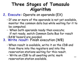 163
Three Stages of Tomasulo
Algorithm
2. Execute: Operate on operands (EX)
−If one or more of the operands is not yet available,
monitor the common data bus while waiting for it to
be computed.
− When both operands ready then execute;
if not ready, watch Common Data Bus for result
−RAW hazard are avoided.
3. Write result: Finish execution (WB)
−When result is available, write it on the CDB and
from there into the registers and into the
reservation stations waiting for this result.
− Write on CDB to all awaiting units; mark
reservation station available.
 