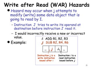 21
Write after Read (WAR) Hazards
Hazard may occur when j attempts to
modify (write) some data object that is
going to read by I.
− Instruction J tries to write its operand at
destination before instruction I read it.
− I would incorrectly receive a new or incorrect
value.
Example:
… j i …
Instruction j is a
write instruction
issued after i
Instruction i is a
read instruction
issued before j
i: ADD R1, R2, R3
j: SUB R2, R4, R6
 