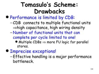 188
Tomasulo’s Scheme:
Drawbacks
Performance is limited by CDB:
− CDB connects to multiple functional units
⇒high capacitance, high wiring density
− Number of functional units that can
complete per cycle limited to one!
Multiple CDBs ⇒ more FU logic for parallel
stores.
Imprecise exceptions!
− Effective handling is a major performance
bottleneck.
 