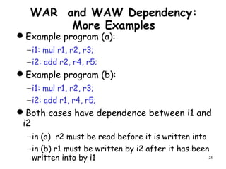 25
WAR and WAW Dependency:
More Examples
Example program (a):
−i1: mul r1, r2, r3;
−i2: add r2, r4, r5;
Example program (b):
−i1: mul r1, r2, r3;
−i2: add r1, r4, r5;
Both cases have dependence between i1 and
i2
−in (a) r2 must be read before it is written into
−in (b) r1 must be written by i2 after it has been
written into by i1
 