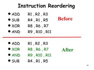 40
Instruction Reordering
ADD R1 , R2 , R3
SUB R4 , R1 , R5
XOR R8 , R6 , R7
AND R9 , R10 , R11
ADD R1 , R2 , R3
XOR R8 , R6 , R7
AND R9 , R10 , R11
SUB R4 , R1 , R5
Before
After
 
