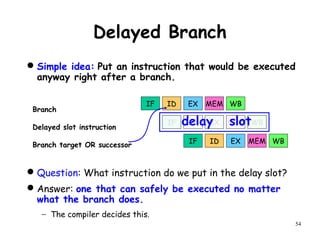 54
Delayed Branch
Simple idea: Put an instruction that would be executed
anyway right after a branch.
Question: What instruction do we put in the delay slot?
Answer: one that can safely be executed no matter
what the branch does.
− The compiler decides this.
IF ID EX MEM WB
IF
IF ID EX MEM WB
ID EX MEM WB
Branch
Delayed slot instruction
Branch target OR successor
delay slot
 