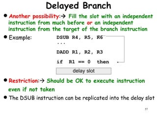 57
Delayed Branch
Another possibility: Fill the slot with an independent
instruction from much before or an independent
instruction from the target of the branch instruction
Example:
Restriction: Should be OK to execute instruction
even if not taken
The DSUB instruction can be replicated into the delay slot
DSUB R4, R5, R6
...
DADD R1, R2, R3
if R1 == 0 then
delay slot
 
