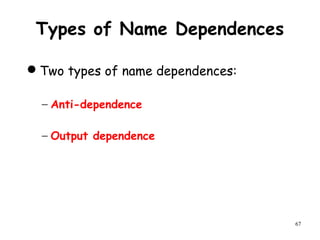 67
Types of Name Dependences
Two types of name dependences:
− Anti-dependence
− Output dependence
 