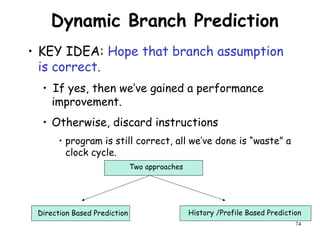 74
Dynamic Branch Prediction
• KEY IDEA: Hope that branch assumption
is correct.
• If yes, then we’ve gained a performance
improvement.
• Otherwise, discard instructions
• program is still correct, all we’ve done is “waste” a
clock cycle.
Two approaches
Direction Based Prediction History /Profile Based Prediction
 