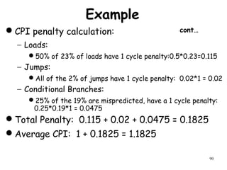 90
Example
cont…CPI penalty calculation:
− Loads:
50% of 23% of loads have 1 cycle penalty:0.5*0.23=0.115
− Jumps:
All of the 2% of jumps have 1 cycle penalty: 0.02*1 = 0.02
− Conditional Branches:
25% of the 19% are mispredicted, have a 1 cycle penalty:
0.25*0.19*1 = 0.0475
Total Penalty: 0.115 + 0.02 + 0.0475 = 0.1825
Average CPI: 1 + 0.1825 = 1.1825
 