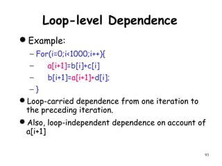 93
Loop-level Dependence
Example:
− For(i=0;i<1000;i++){
− a[i+1]=b[i]+c[i]
− b[i+1]=a[i+1]+d[i];
− }
Loop-carried dependence from one iteration to
the preceding iteration.
Also, loop-independent dependence on account of
a[i+1]
 