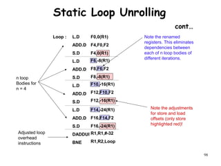 98
Static Loop Unrolling
cont…
Loop : F0,0(R1)
F4,F0,F2
F4,0(R1)
F6,-8(R1)
F8,F6,F2
F8,-8(R1)
F10,-16(R1)
F12,F10,F2
F12,-16(R1)
F14,-24(R1)
F16,F14,F2
F16,-24(R1)
R1,R1,#-32
R1,R2,Loop
n loop
Bodies for
n = 4
Adjusted loop
overhead
instructions
Note the adjustments
for store and load
offsets (only store
highlighted red)!
Note the renamed
registers. This eliminates
dependencies between
each of n loop bodies of
different iterations.
L.D
ADD.D
S.D
L.D
ADD.D
S.D
L.D
ADD.D
S.D
L.D
ADD.D
S.D
DADDUI
BNE
 