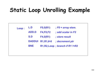 102
Static Loop Unrolling Example
L.D
ADD.D
S.D
DADDUI
BNE
Loop : F0,0(R1)
F4,F0,F2
F4,0(R1)
R1,R1,#-8
R1,R2,Loop
; F0 = array elem.
; add scalar in F2
; store result
; decrement ptr
; branch if R1 !=R2
 