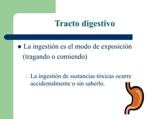 Tracto digestivo
 La ingestión es el modo de exposición
(tragando o comiendo)
– La ingestión de sustancias tóxicas ocurre
accidentalmente o sin saberlo.
 