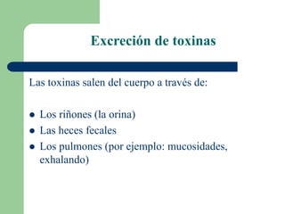 Excreción de toxinas
Las toxinas salen del cuerpo a través de:
 Los riñones (la orina)
 Las heces fecales
 Los pulmones (por ejemplo: mucosidades,
exhalando)
 