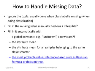 How to Handle Missing Data?
• Ignore the tuple: usually done when class label is missing (when
doing classification)
• Fill in the missing value manually: tedious + infeasible?
• Fill in it automatically with
– a global constant : e.g., “unknown”, a new class?!
– the attribute mean
– the attribute mean for all samples belonging to the same
class: smarter
– the most probable value: inference-based such as Bayesian
formula or decision tree.
106/30/2020 NIMMY RAJU,AP,VKCET,TVM
 