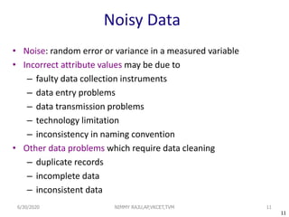 11
Noisy Data
• Noise: random error or variance in a measured variable
• Incorrect attribute values may be due to
– faulty data collection instruments
– data entry problems
– data transmission problems
– technology limitation
– inconsistency in naming convention
• Other data problems which require data cleaning
– duplicate records
– incomplete data
– inconsistent data
6/30/2020 NIMMY RAJU,AP,VKCET,TVM 11
 