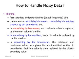 How to Handle Noisy Data?
• Binning
– first sort data and partition into (equal-frequency) bins
– then one can smooth by bin means, smooth by bin median,
smooth by bin boundaries, etc.
– In smoothing by bin means, each value in a bin is replaced
by the mean value of the bin.
– In smoothing by bin medians, each bin value is replaced by
the bin median.
– In smoothing by bin boundaries, the minimum and
maximum values in a given bin are identified as the bin
boundaries. Each bin value is then replaced by the closest
boundary value
126/30/2020 NIMMY RAJU,AP,VKCET,TVM
 