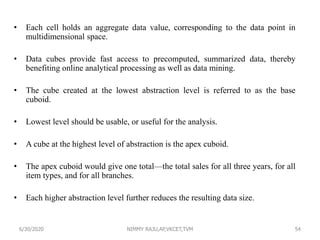 • Each cell holds an aggregate data value, corresponding to the data point in
multidimensional space.
• Data cubes provide fast access to precomputed, summarized data, thereby
benefiting online analytical processing as well as data mining.
• The cube created at the lowest abstraction level is referred to as the base
cuboid.
• Lowest level should be usable, or useful for the analysis.
• A cube at the highest level of abstraction is the apex cuboid.
• The apex cuboid would give one total—the total sales for all three years, for all
item types, and for all branches.
• Each higher abstraction level further reduces the resulting data size.
6/30/2020 NIMMY RAJU,AP,VKCET,TVM 54
 