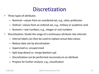 Discretization
• Three types of attributes
– Nominal—values from an unordered set, e.g., color, profession
– Ordinal—values from an ordered set, e.g., military or academic rank
– Numeric—real numbers, e.g., integer or real numbers
• Discretization: Divide the range of a continuous attribute into intervals
– Interval labels can then be used to replace actual data values
– Reduce data size by discretization
– Supervised vs. unsupervised
– Split (top-down) vs. merge (bottom-up)
– Discretization can be performed recursively on an attribute
– Prepare for further analysis, e.g., classification
576/30/2020 NIMMY RAJU,AP,VKCET,TVM
 