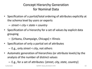 Concept Hierarchy Generation
for Nominal Data
• Specification of a partial/total ordering of attributes explicitly at
the schema level by users or experts
– street < city < state < country
• Specification of a hierarchy for a set of values by explicit data
grouping
– {Urbana, Champaign, Chicago} < Illinois
• Specification of only a partial set of attributes
– E.g., only street < city, not others
• Automatic generation of hierarchies (or attribute levels) by the
analysis of the number of distinct values
– E.g., for a set of attributes: {street, city, state, country}
646/30/2020 NIMMY RAJU,AP,VKCET,TVM
 