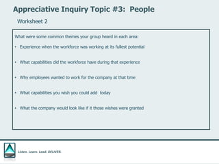 Listen. Learn. Lead. DELIVER.
Appreciative Inquiry Topic #3: People
What were some common themes your group heard in each area:
• Experience when the workforce was working at its fullest potential
• What capabilities did the workforce have during that experience
• Why employees wanted to work for the company at that time
• What capabilities you wish you could add today
• What the company would look like if it those wishes were granted
Worksheet 2
 