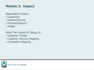 Listen. Learn. Lead. DELIVER.
Module 2: Impact
Appreciative Inquiry
• Customers
• Product/Service
• Process/Systems
• People
What The Market Is Telling Us:
• Customer Trends
• Customer Journey Mapping
• Competitor Mapping
 