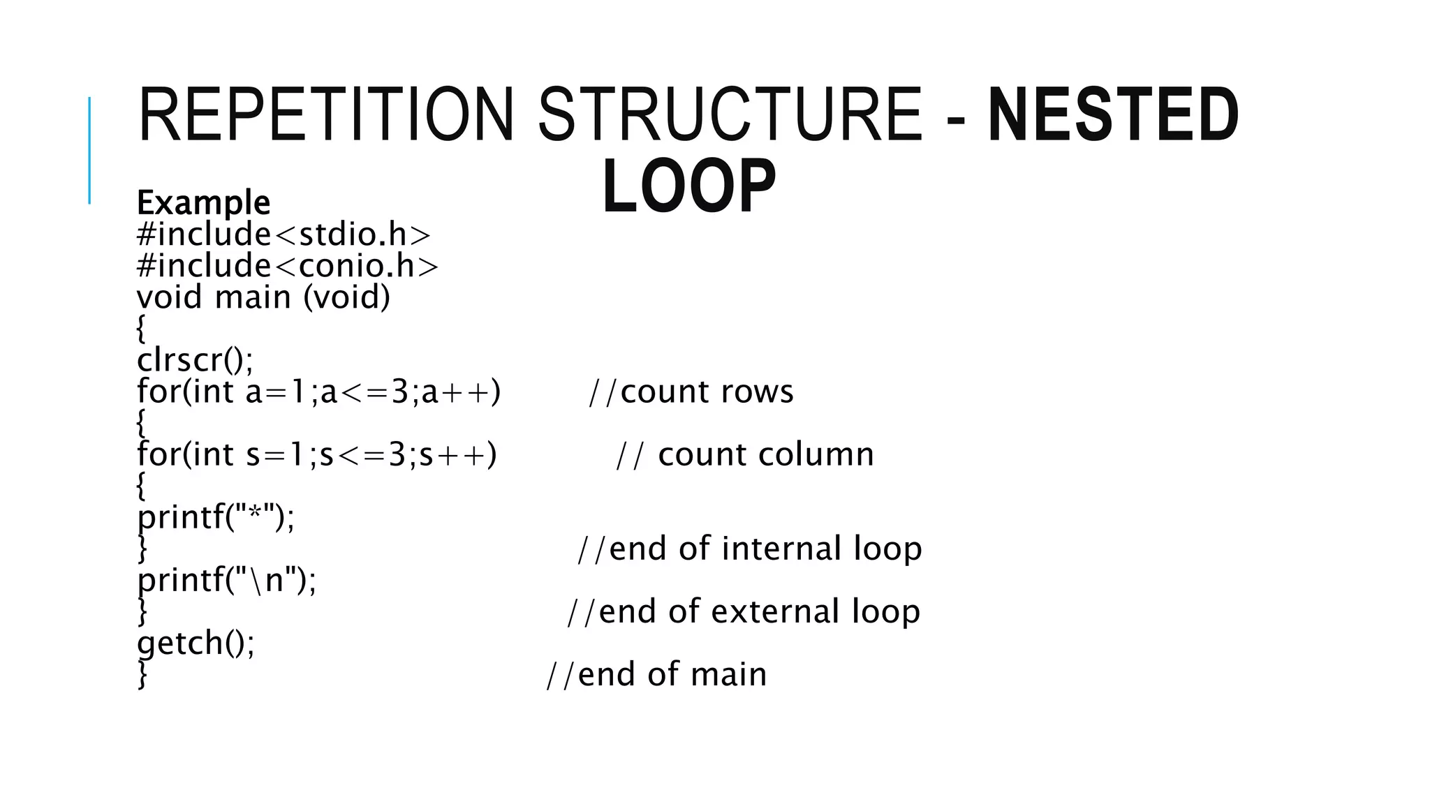 REPETITION STRUCTURE - NESTED
LOOP
Example
#include<stdio.h>
#include<conio.h>
void main (void)
{
clrscr();
for(int a=1;a<=3;a++) //count rows
{
for(int s=1;s<=3;s++) // count column
{
printf("*");
} //end of internal loop
printf("n");
} //end of external loop
getch();
} //end of main
 