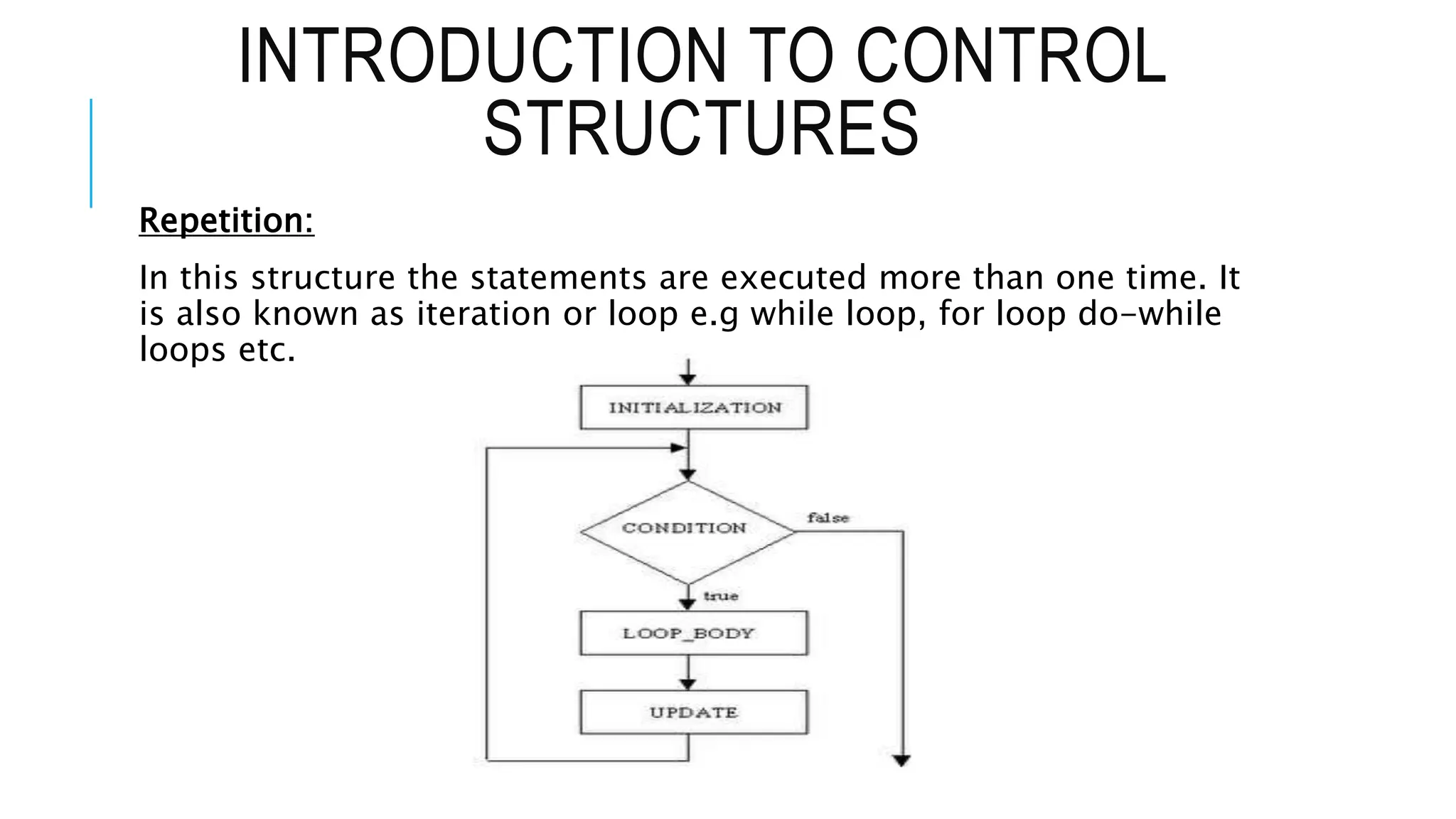 INTRODUCTION TO CONTROL
STRUCTURES
Repetition:
In this structure the statements are executed more than one time. It
is also known as iteration or loop e.g while loop, for loop do-while
loops etc.
 