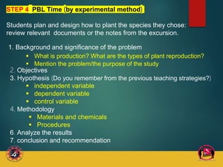 STEP 4: PBL Time (by experimental method)
Students plan and design how to plant the species they chose:
review relevant documents or the notes from the excursion.
1. Background and significance of the problem
 What is production? What are the types of plant reproduction?
 Mention the problem/the purpose of the study
2. Objectives
3. Hypothesis (Do you remember from the previous teaching strategies?)
 independent variable
 dependent variable
 control variable
4. Methodology
 Materials and chemicals
 Procedures
6. Analyze the results
7. conclusion and recommendation
 