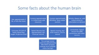 Some facts about the human brain
Size: approximately 3
lbs. of tofu like tissue.
Contains approximately
1.1 trillion brain cells
(neurons)
Contains approximately
100 billion "grey matter"
neurons
Activity: Always on- with
instant access to
information on demand
Consumes 20-25% of
body's blood flow,
oxygen, & glucose (fuel)
Speed: Neurons fire
approximately 5-50
times per second
Signals crossing your
brain travel in .10 of a
second
connectivity: Typical
neuron has 5000
connections with other
neurons
The average human
brain has approximately
500 trillion synapses
creating neuro-peptide-
chains (wirings)
 