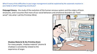 What if many of the difficulties in your anger management could be explained by the automatic reaction in
your body to what’s happening around you?
Polyvagal theory- the study of the evolution of the human nervous system and the origins of brain
structures, and it assumes that more of our social behaviors and emotional disorders are “hard
wired” into what I call the Primitive Mind.
Shadow Materiel & the Primitive Brain
For many people, ‘shadow material’ (shame &
shadow) is consistently related to the
experience of anger.
 