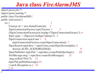 109
Java class FireAlarmJMS
import javax.jms.*;
import javax.naming.*;
public class FireAlarmJMS {
public void raise() {
try { 1
Context ctx = new InitialContext(); 2
TopicConnectionFactory topicFactory = 3
(TopicConnectionFactory)ctx.lookup ("TopicConnectionFactory"); 4
Topic topic = (Topic)ctx.lookup("Alarms"); 5
TopicConnection topicConn = 6
topicConnectionFactory.createTopicConnection(); 7
TopicSession topicSess = topicConn.createTopicSession(false, 8
Session.AUTO_ACKNOWLEDGE); 9
TopicPublisher topicPub = topicSess.createPublisher(topic); 10;
TextMessage msg = topicSess.createTextMessage(); 11
msg.setText("Fire!"); 12
topicPub.publish(message);13
} catch (Exception e) { 14
} 15
}
 