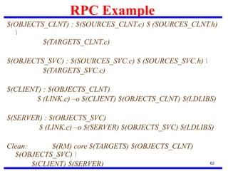 RPC Example
62
$(OBJECTS_CLNT) : $(SOURCES_CLNT.c) $ (SOURCES_CLNT.h)

$(TARGETS_CLNT.c)
$(OBJECTS_SVC) : $(SOURCES_SVC.c) $ (SOURCES_SVC.h) 
$(TARGETS_SVC.c)
$(CLIENT) : $(OBJECTS_CLNT)
$ (LINK.c) –o $(CLIENT) $(OBJECTS_CLNT) $(LDLIBS)
$(SERVER) : $(OBJECTS_SVC)
$ (LINK.c) –o $(SERVER) $(OBJECTS_SVC) $(LDLIBS)
Clean: $(RM) core $(TARGETS) $(OBJECTS_CLNT)
$(OBJECTS_SVC) 
$(CLIENT) $(SERVER)
 
