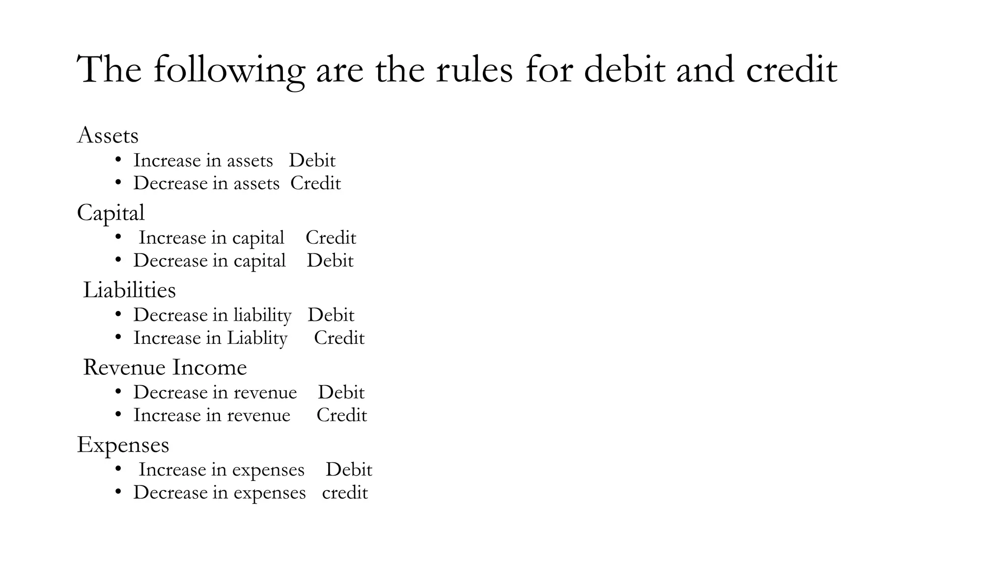 The following are the rules for debit and credit
Assets
• Increase in assets Debit
• Decrease in assets Credit
Capital
• Increase in capital Credit
• Decrease in capital Debit
Liabilities
• Decrease in liability Debit
• Increase in Liablity Credit
Revenue Income
• Decrease in revenue Debit
• Increase in revenue Credit
Expenses
• Increase in expenses Debit
• Decrease in expenses credit
 