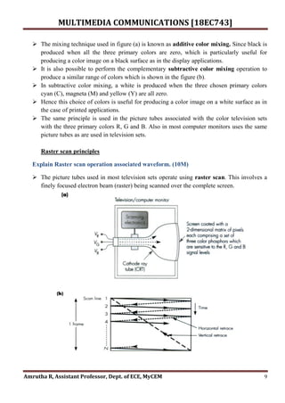 MULTIMEDIA COMMUNICATIONS [18EC743]
Amrutha R, Assistant Professor, Dept. of ECE, MyCEM 9
 The mixing technique used in figure (a) is known as additive color mixing. Since black is
produced when all the three primary colors are zero, which is particularly useful for
producing a color image on a black surface as in the display applications.
 It is also possible to perform the complementary subtractive color mixing operation to
produce a similar range of colors which is shown in the figure (b).
 In subtractive color mixing, a white is produced when the three chosen primary colors
cyan (C), magneta (M) and yellow (Y) are all zero.
 Hence this choice of colors is useful for producing a color image on a white surface as in
the case of printed applications.
 The same principle is used in the picture tubes associated with the color television sets
with the three primary colors R, G and B. Also in most computer monitors uses the same
picture tubes as are used in television sets.
Raster scan principles
Explain Raster scan operation associated waveform. (10M)
 The picture tubes used in most television sets operate using raster scan. This involves a
finely focused electron beam (raster) being scanned over the complete screen.
 