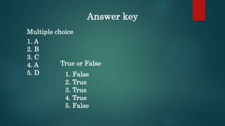 Answer key
Multiple choice
1. A
2. B
3. C
4. A
5. D
True or False
1. False
2. True
3. True
4. True
5. False
 