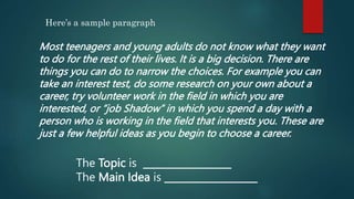 Here’s a sample paragraph
Most teenagers and young adults do not know what they want
to do for the rest of their lives. It is a big decision. There are
things you can do to narrow the choices. For example you can
take an interest test, do some research on your own about a
career, try volunteer work in the field in which you are
interested, or “job Shadow” in which you spend a day with a
person who is working in the field that interests you. These are
just a few helpful ideas as you begin to choose a career.
The Topic is __________________
The Main Idea is ___________________
 