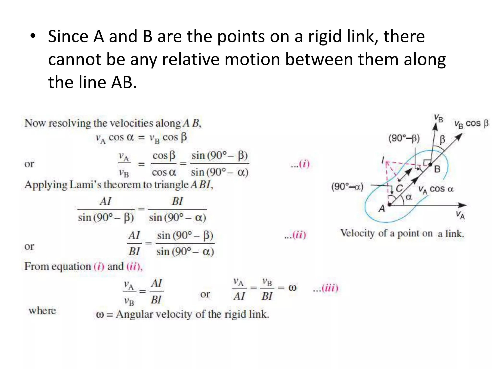 • Since A and B are the points on a rigid link, there
cannot be any relative motion between them along
the line AB.
 