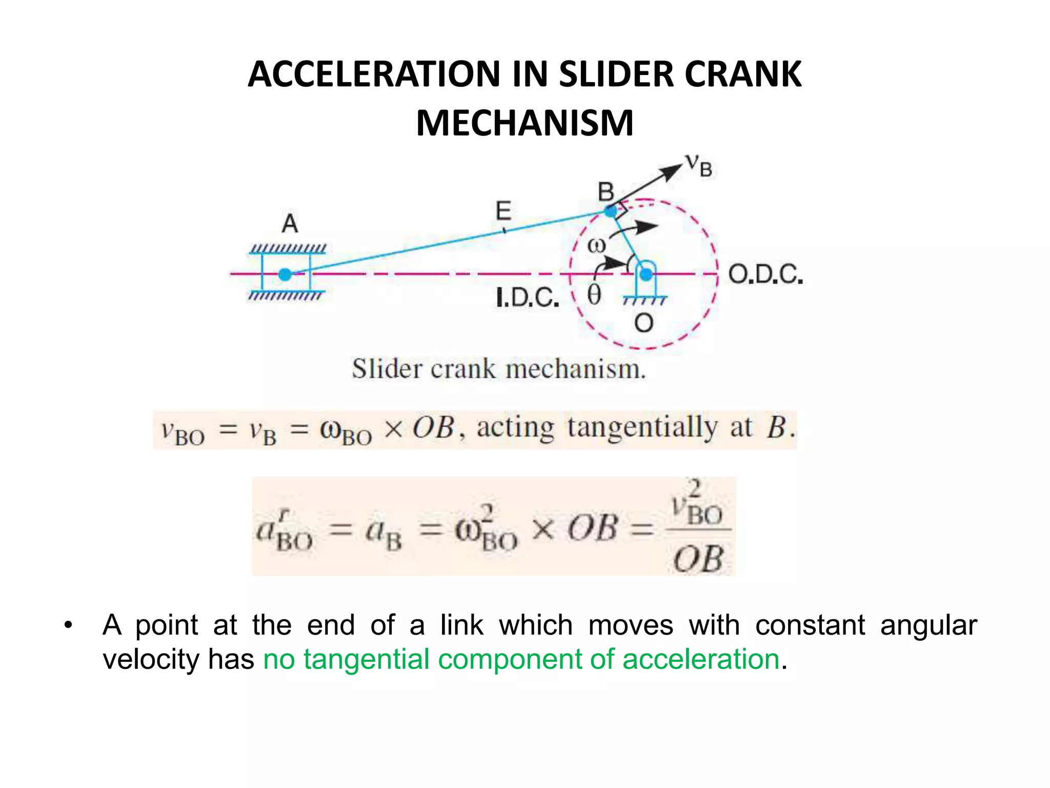 ACCELERATION IN SLIDER CRANK
MECHANISM
• A point at the end of a link which moves with constant angular
velocity has no tangential component of acceleration.
 