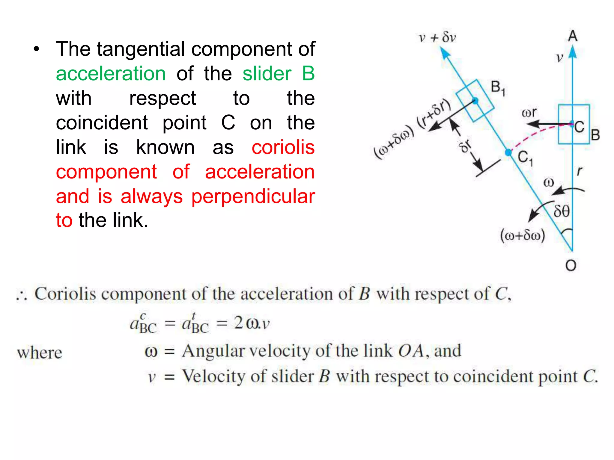 • The tangential component of
acceleration of the slider B
with respect to the
coincident point C on the
link is known as coriolis
component of acceleration
and is always perpendicular
to the link.
 