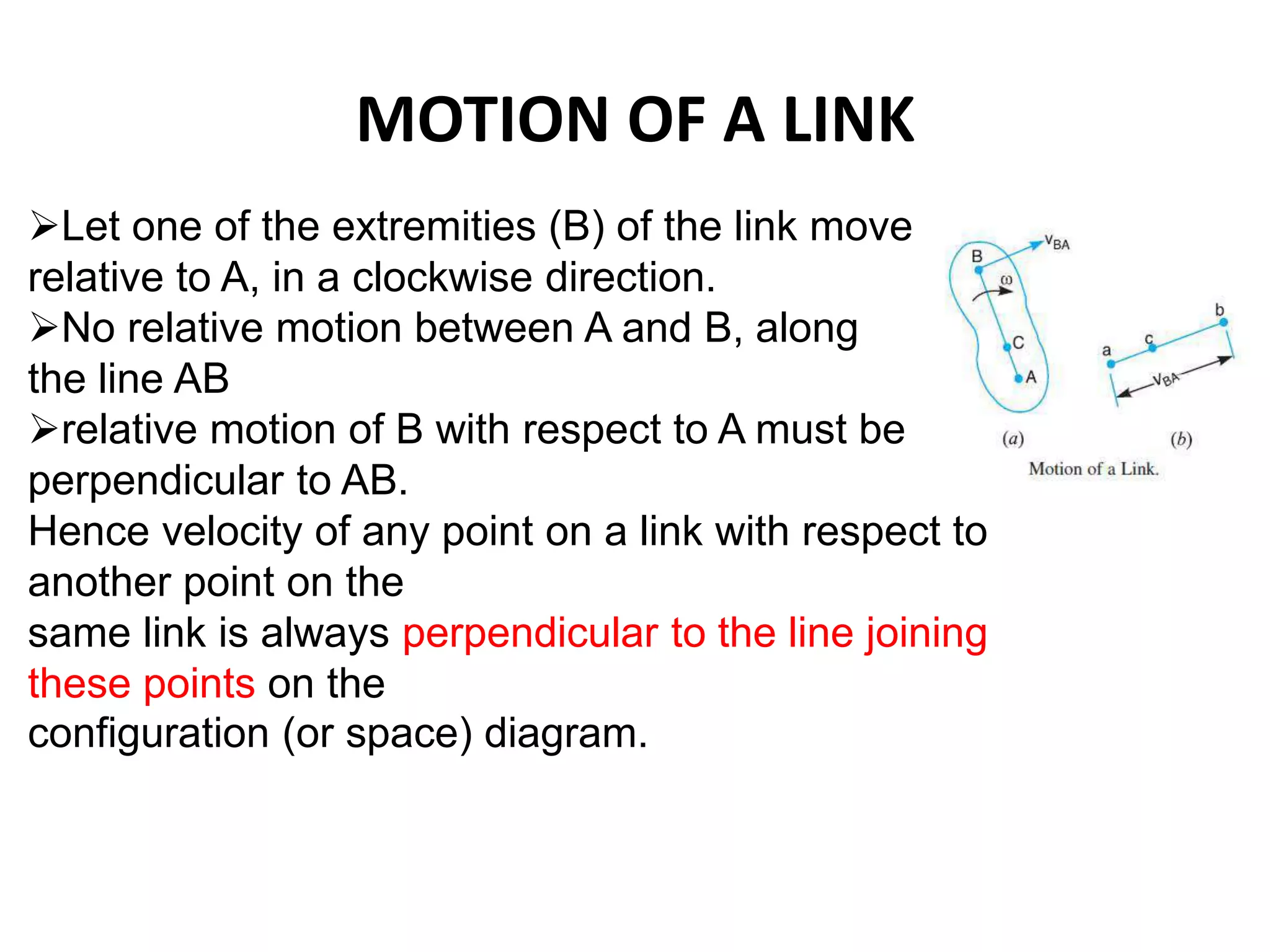 MOTION OF A LINK
Let one of the extremities (B) of the link move
relative to A, in a clockwise direction.
No relative motion between A and B, along
the line AB
relative motion of B with respect to A must be
perpendicular to AB.
Hence velocity of any point on a link with respect to
another point on the
same link is always perpendicular to the line joining
these points on the
configuration (or space) diagram.
 