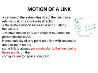 MOTION OF A LINK
Let one of the extremities (B) of the link move
relative to A, in a clockwise direction.
No relative motion between A and B, along
the line AB
relative motion of B with respect to A must be
perpendicular to AB.
Hence velocity of any point on a link with respect to
another point on the
same link is always perpendicular to the line joining
these points on the
configuration (or space) diagram.
 