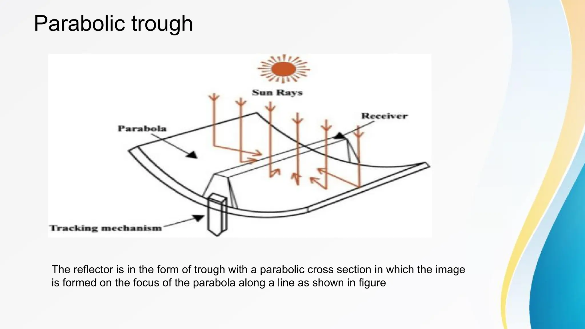 Parabolic trough
The reflector is in the form of trough with a parabolic cross section in which the image
is formed on the focus of the parabola along a line as shown in figure
 