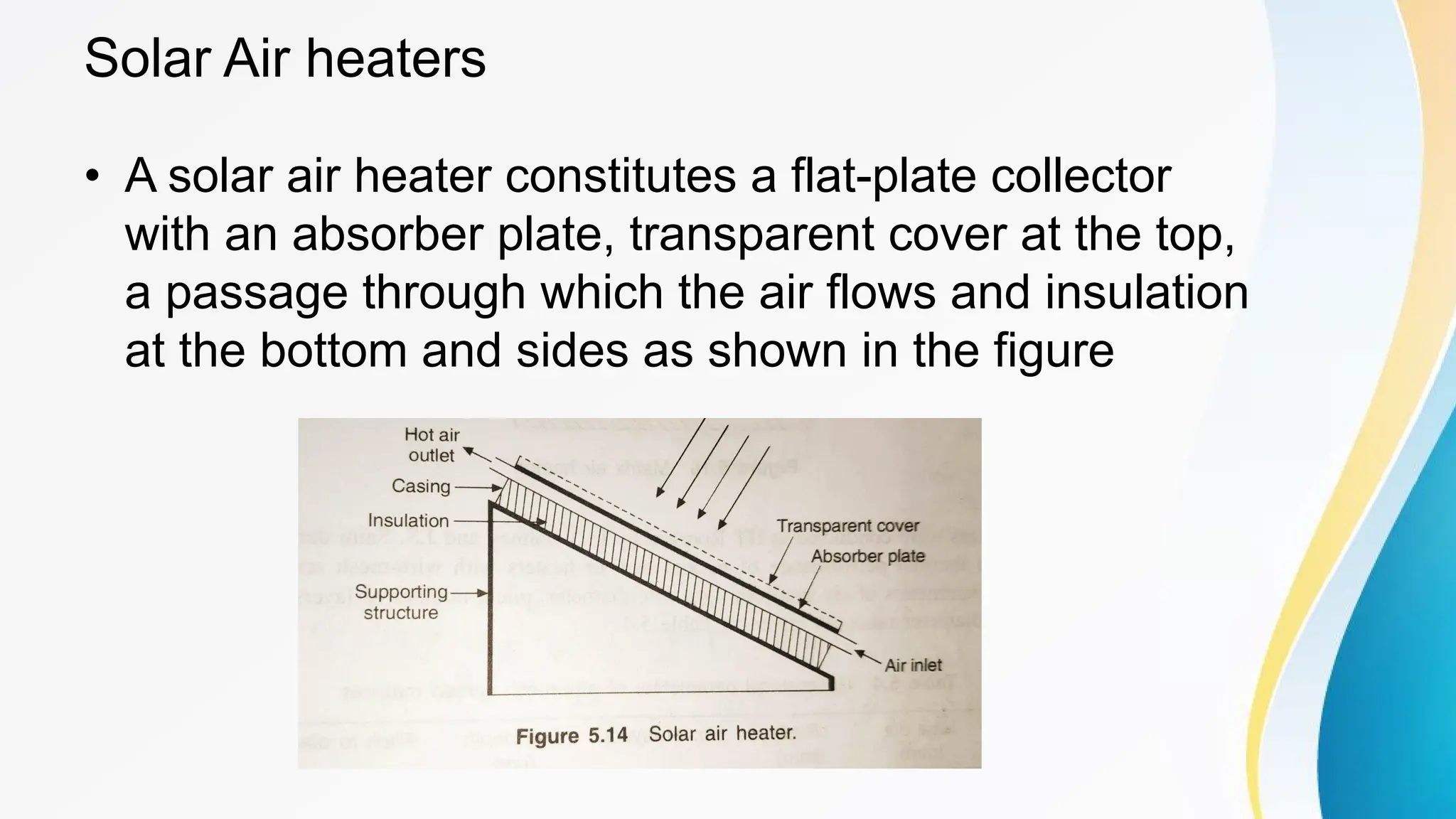 Solar Air heaters
• A solar air heater constitutes a flat-plate collector
with an absorber plate, transparent cover at the top,
a passage through which the air flows and insulation
at the bottom and sides as shown in the figure
 