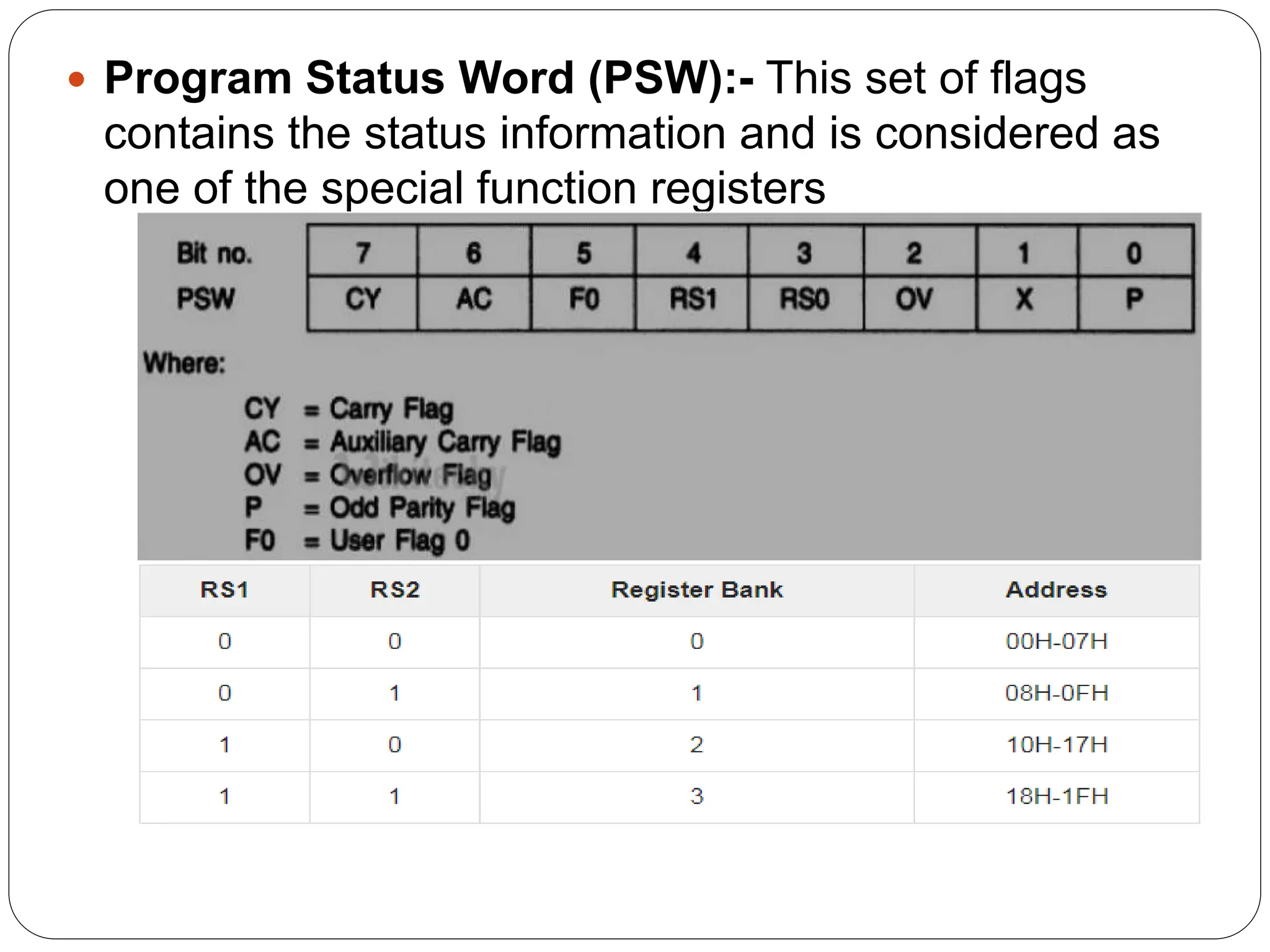  Program Status Word (PSW):- This set of flags
contains the status information and is considered as
one of the special function registers
 