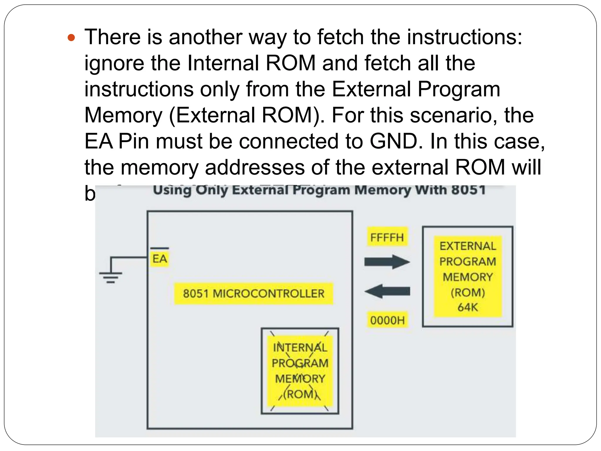  There is another way to fetch the instructions:
ignore the Internal ROM and fetch all the
instructions only from the External Program
Memory (External ROM). For this scenario, the
EA Pin must be connected to GND. In this case,
the memory addresses of the external ROM will
be from 0000H to FFFFH.
 