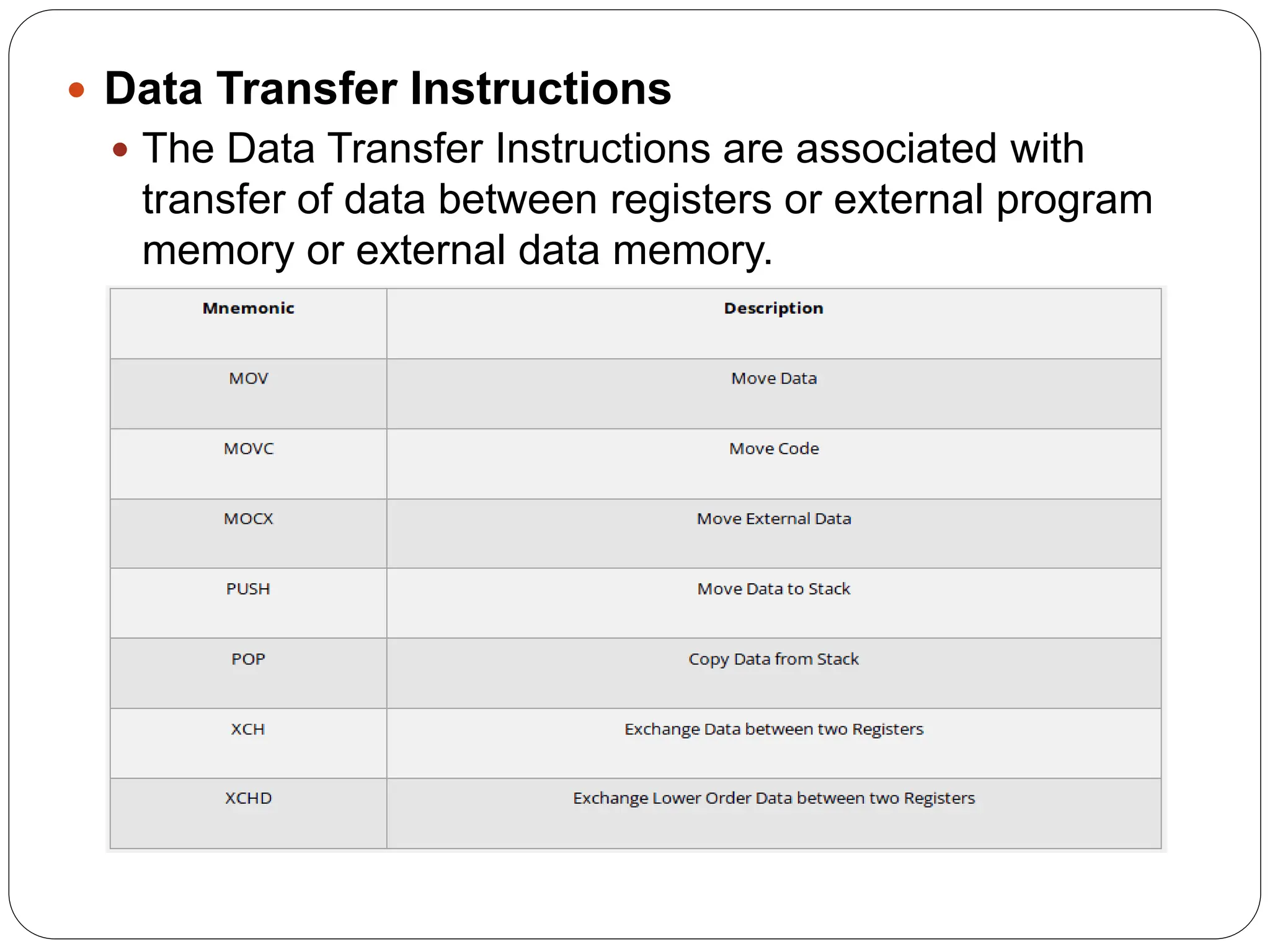  Data Transfer Instructions
 The Data Transfer Instructions are associated with
transfer of data between registers or external program
memory or external data memory.
 