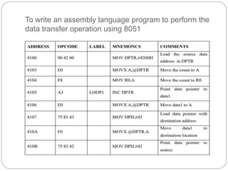 To write an assembly language program to perform the
data transfer operation using 8051
 