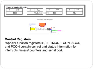 Control Registers
•Special function registers IP, IE, TMOD, TCON, SCON
and PCON contain control and status information for
interrupts, timers/ counters and serial port.
 