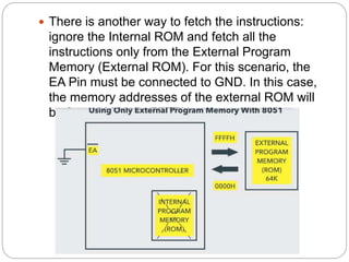  There is another way to fetch the instructions:
ignore the Internal ROM and fetch all the
instructions only from the External Program
Memory (External ROM). For this scenario, the
EA Pin must be connected to GND. In this case,
the memory addresses of the external ROM will
be from 0000H to FFFFH.
 
